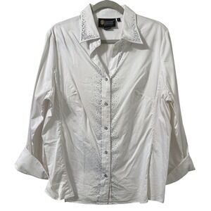 Christine Alexander Rhinestone Embellished Button Down Top Womens XL White